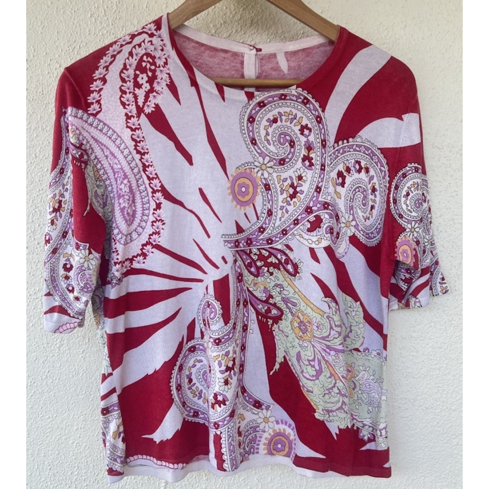 Balla Valentina Silk Cashmere Paisley Print Red Short Sleeve Top Luxury Elegant